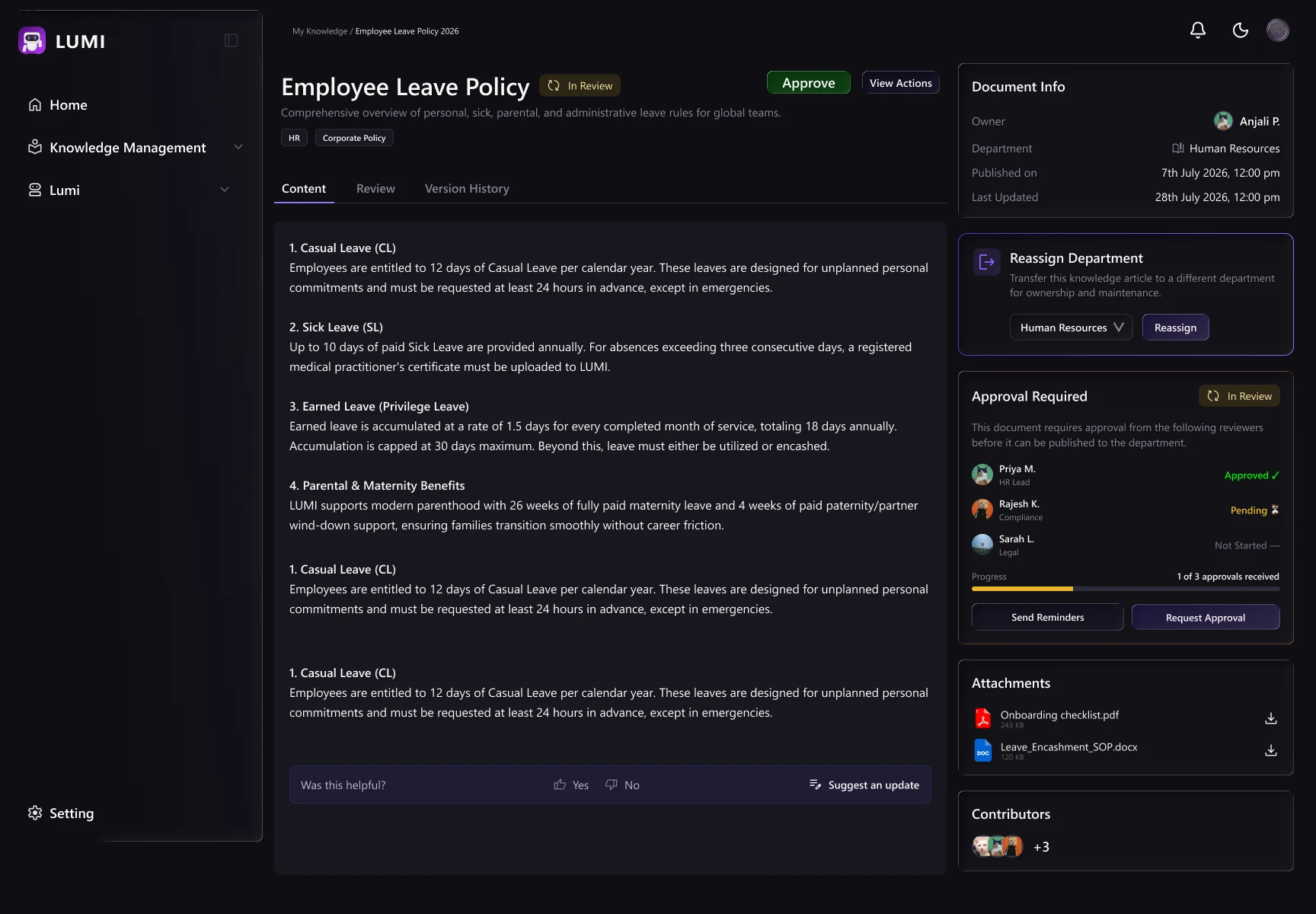 Knowledge detail: reassign approval